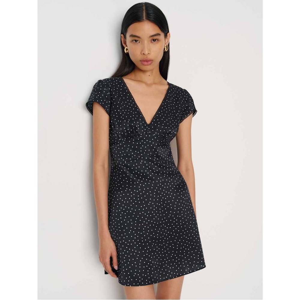 NWT Reformation Amelia Silk Dress in Navy Dot Size 8